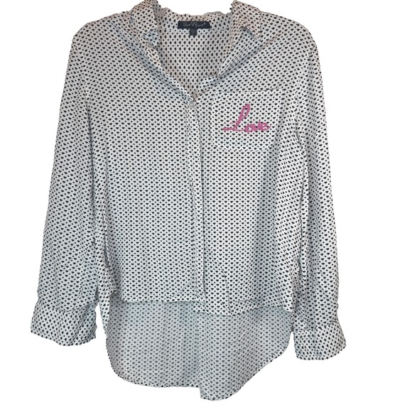Love Heart Print Button Down Hi-Low Shirt Blouse Top - Picture 1 of 8
